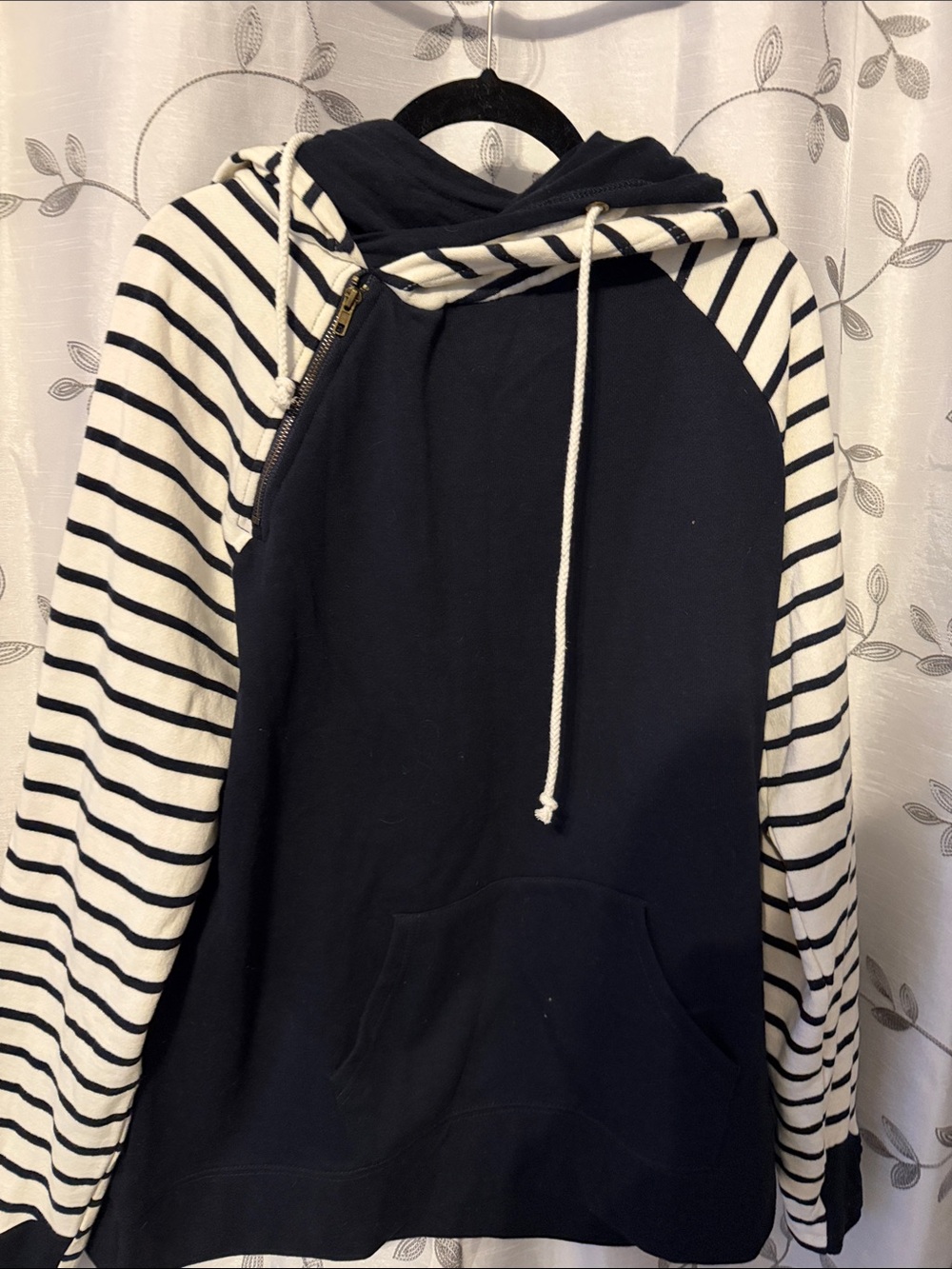 Ladies Navy Hooded Sweater with Striped Sleeves